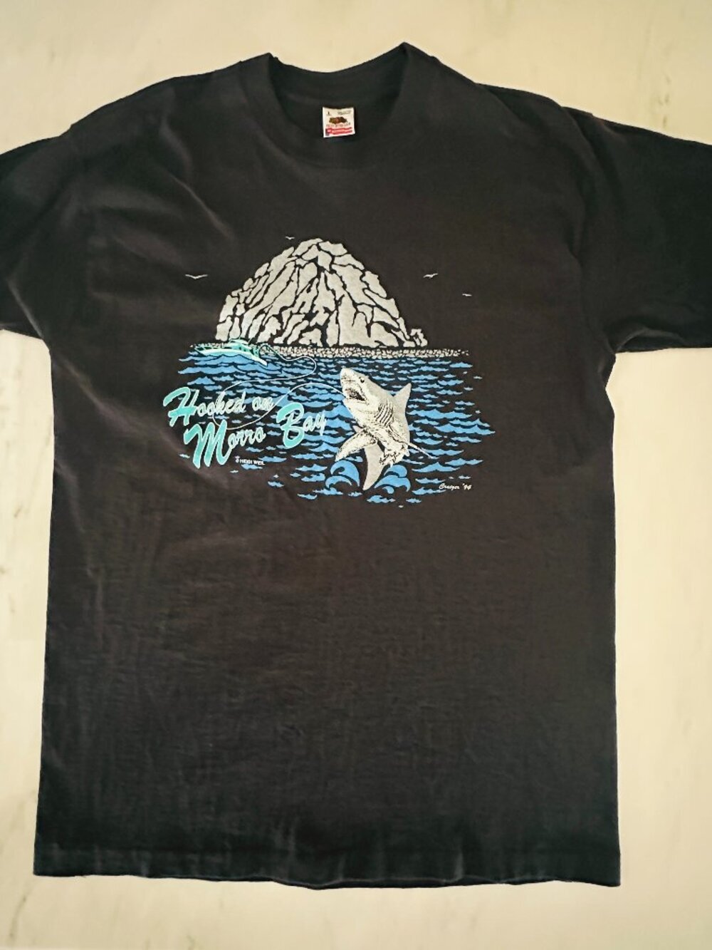 Hooked on Morro Bay Black T-shirt - Men's Size Large  - Shark - California Beach